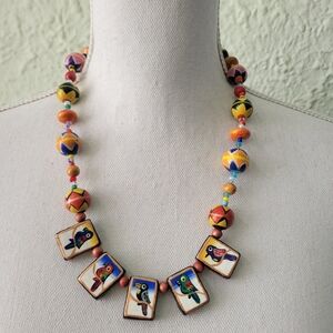 Vtg Birds Parrot Necklace Hand painted Boho Wooden beaded Multicolor 22”